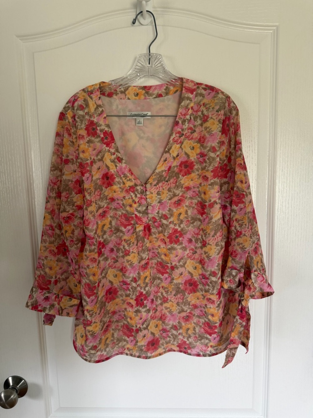 Floral V-Neck Blouse in multi colored Pinks & Greens, XL